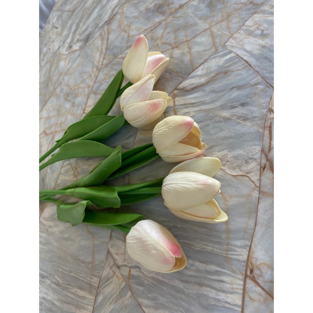5 Piece Artificial Tulip Stems Cream Pink Faux Silk Flowers Spring Home Decor